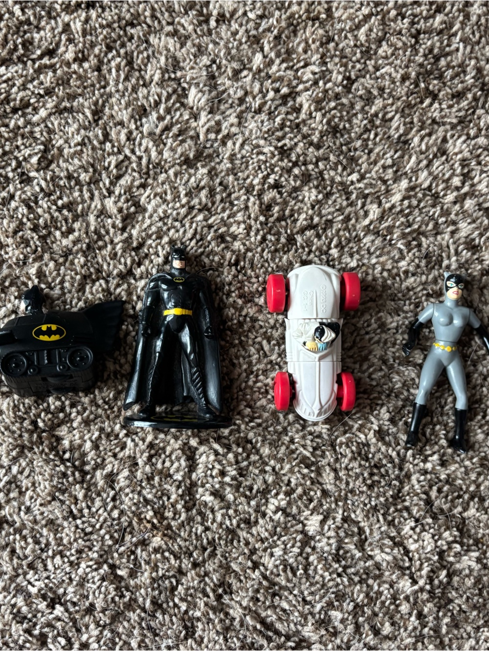 Vintage Batman Kids Toy Figure and Vehicles - Black, Gray, White with Red Wheels
